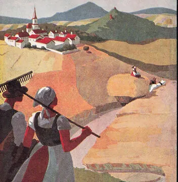 Vision idéalisée de l’agriculture alsacienne. Carte postale publicitaire en faveur de la Potasse d’Alsace. © Collection B. S.