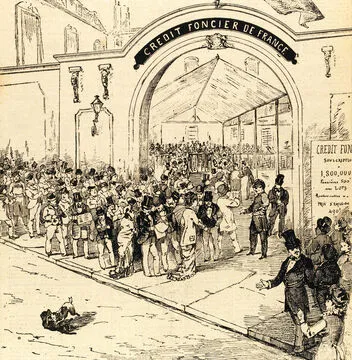 La foule devant les locaux du Crédit foncier de France. Gravure de Georges Goursat pour <i>La Lune Rousse</i>, 1879. © CCØ Paris Musées / Musée Carnavalet.