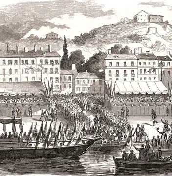 Le 15 août 1850, le président de la République est accueilli à Lyon pour l’inauguration de la Caisse de secours mutuel et de retraite pour les ouvriers en soie. © Collection B. S.