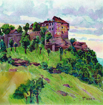 Le village de La Petite-Pierre, avec son château. © Carte postale ancienne d’après une aquarelle du peintre alsacien François Hoch (1869-1916), collection B. S.