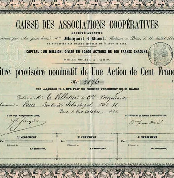 Part de la Caisse des associations coopératives datant du 10 octobre 1866. © Collection B. S.