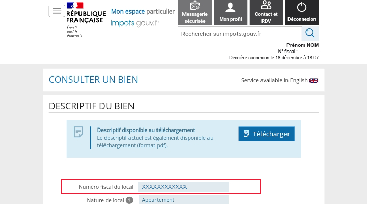 Le numéro fiscal du local se situe en tant que première information de l'affichage d'un bien.