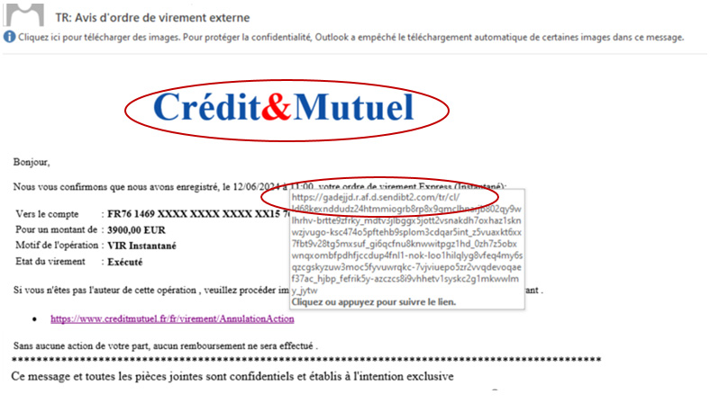 Exemple d’un mail frauduleux avec le logo Crédit&Mutuel et lien vers un site frauduleux